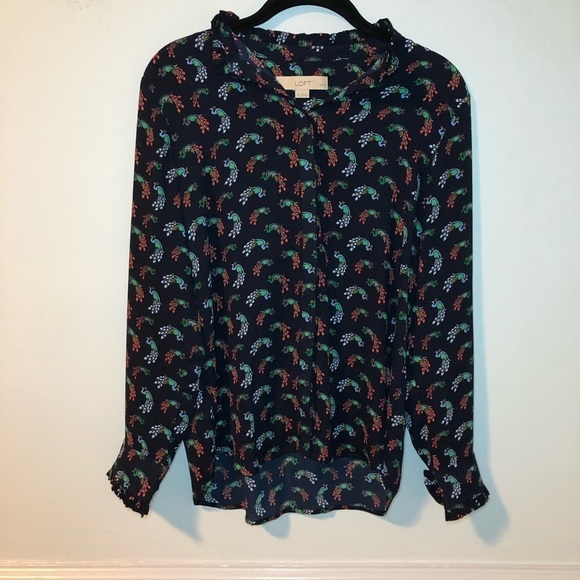 Loft Navy Blue Peacock Print Long Sleeve Button Down Blouse Size Small Petite - Picture 1 of 8